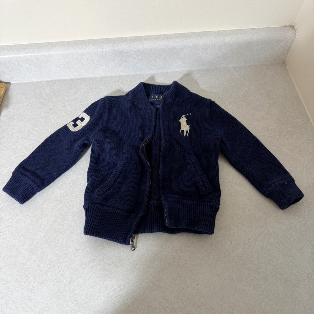 Polo Ralph Lauren Toddler 2T Navy Blue Big Pony Full Zip Knit Cardigan Sweater